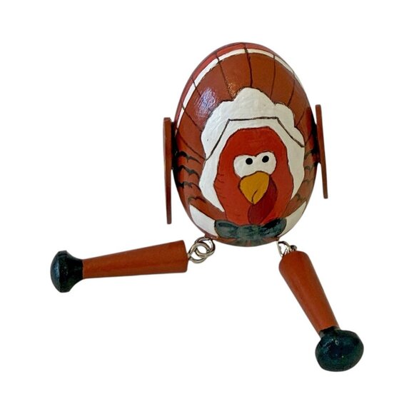 2 Pilgrim Turkey Shelf Sitters Handmade Folk Art Wooden Egg Movable Legs - Picture 8 of 13